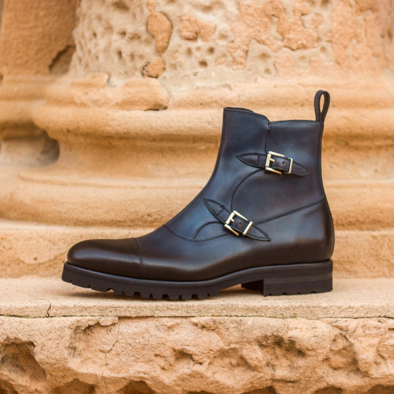 Elegant Navy Double Buckle Monk Boots