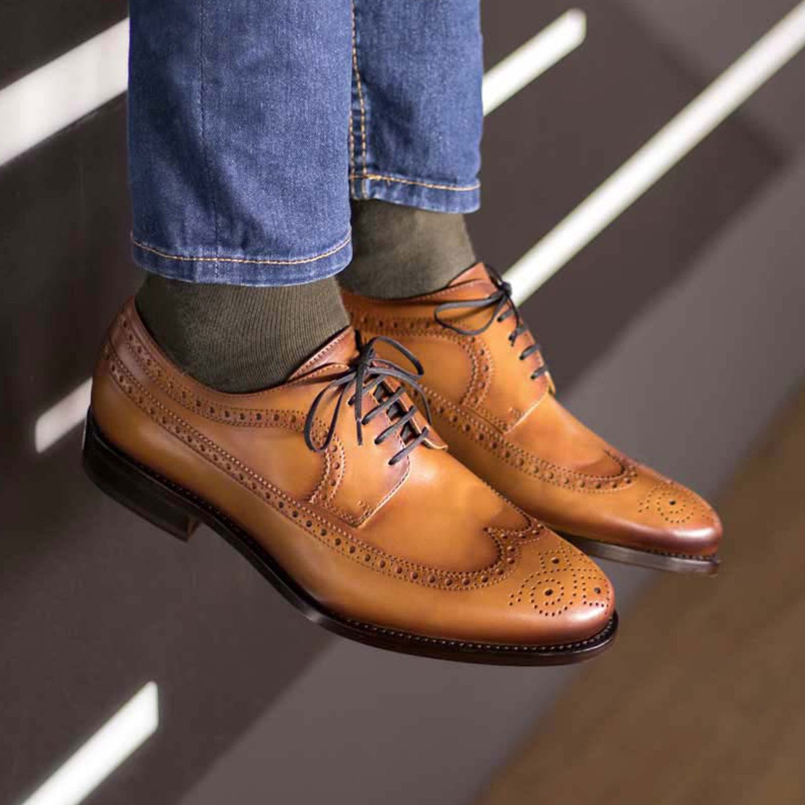Elegant Cognac Longwing Blucher Shoes